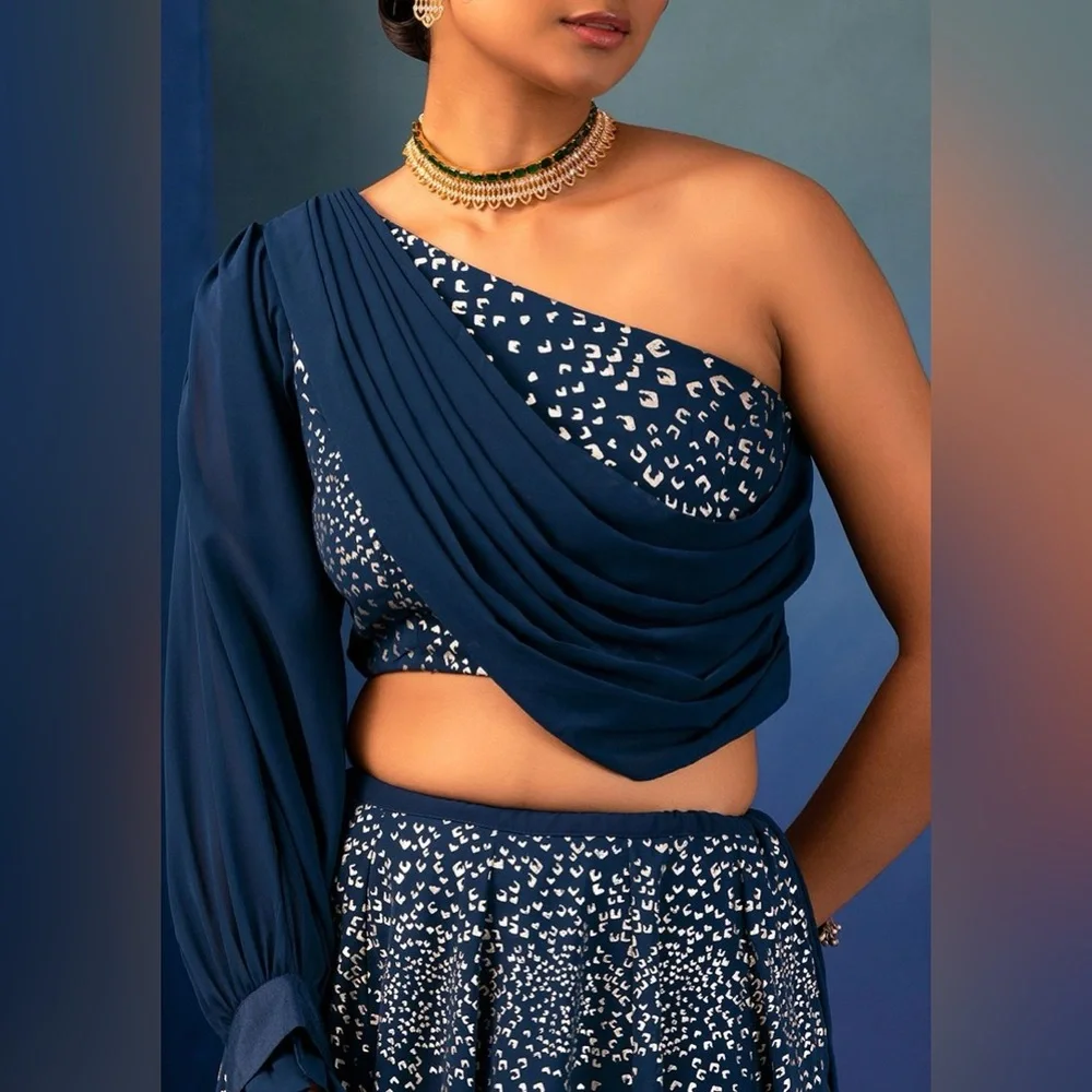 Teal Foil Print Lehenga & One Shoulder Blouse With Attached Drape — Size Medium - Picture 5 of 15